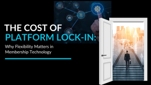 Cover image for an article: 'The Cost of Platform Lock-In' with subtitle about flexibility in membership technology; featured graphic of a hand tapping interconnected icons in a dark tech background.